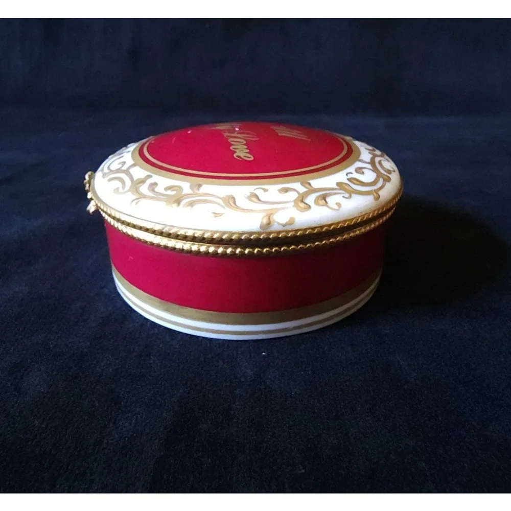 Vintage Limoges France Porcelain All My Love Dubarry Round Red Trinket Box Rare